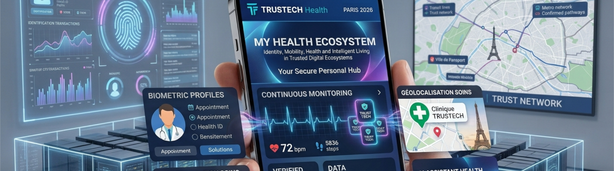 Illustration of a TRUSTECH conference about the connected human, via a connected health ecosystem featuring smartphone, biometric data and artificial intelligence technologies at TRUSTECH