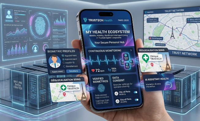 Illustration of a TRUSTECH conference about the connected human, via a connected health ecosystem featuring smartphone, biometric data and artificial intelligence technologies at TRUSTECH