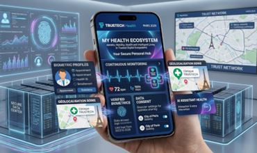 Illustration of a TRUSTECH conference about the connected human, via a connected health ecosystem featuring smartphone, biometric data and artificial intelligence technologies at TRUSTECH