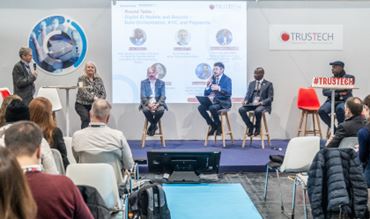 Panel discussion at TRUSTECH 2025 about digital ID wallets, data orchestration, KYC, and payments
