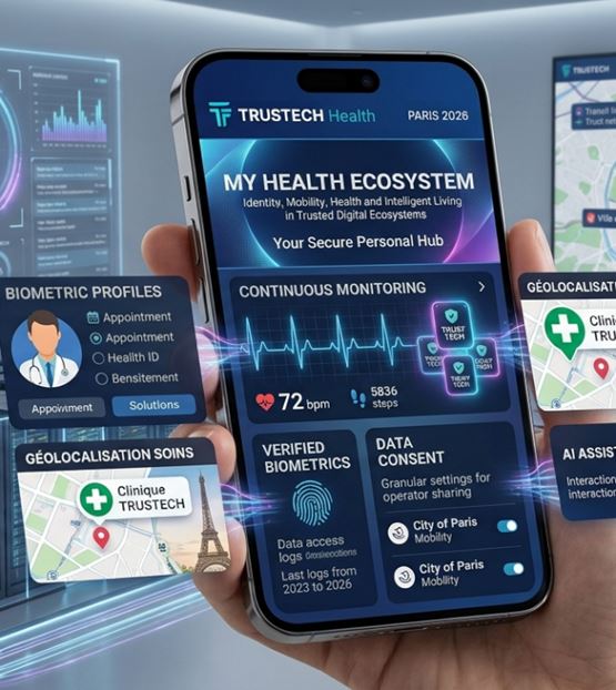 Illustration d’un écosystème de santé connecté avec données biométriques, intelligence artificielle et smartphone