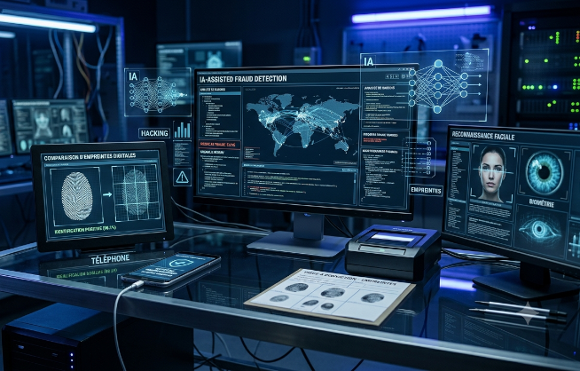 Illustration of a cybersecurity system using artificial intelligence, biometrics and fraud detection technologies